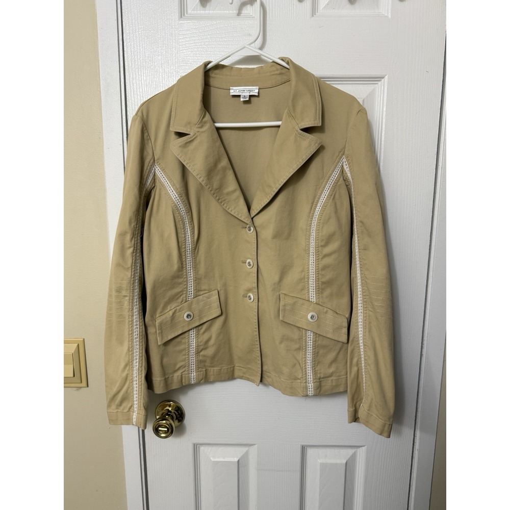 ST JOHN SPORT Crochet Tan Short‎ Long Sleeve Jacket Blazer Size Large